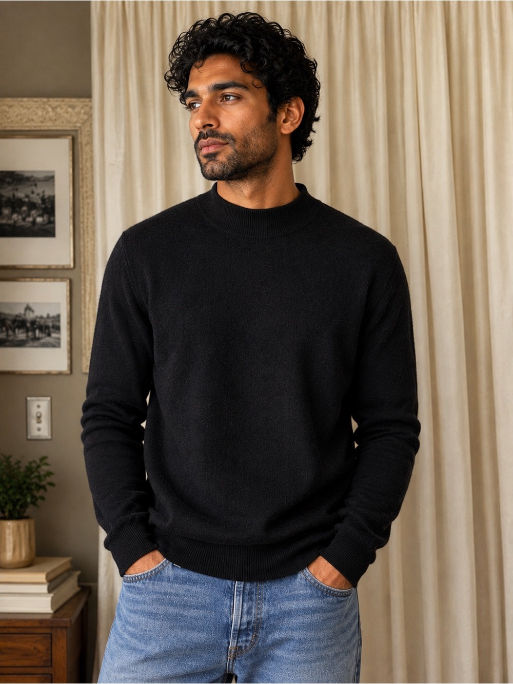 Vintage Shephe Men's Black Cashmere Sweater - Mock Neck- Large